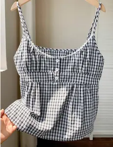 New Navy Blue Ditsy Floral Ladies Holiday Style Button Front Open Camisole Top With Pleats On The Back Fresh Breathable Comfortable Suitable For Summer Sleeveless - Womenswear