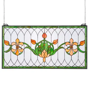 VEVOR Stained Glass Window Panel, 26x 16 in, Tiffany Style Hanging Transom Window Panel with Chain, Large Horizontal Rectangle Stain Glass, Vintage Traditional Art Handcrafts for Kitchen Home DecorVEVOR Super Brand Day