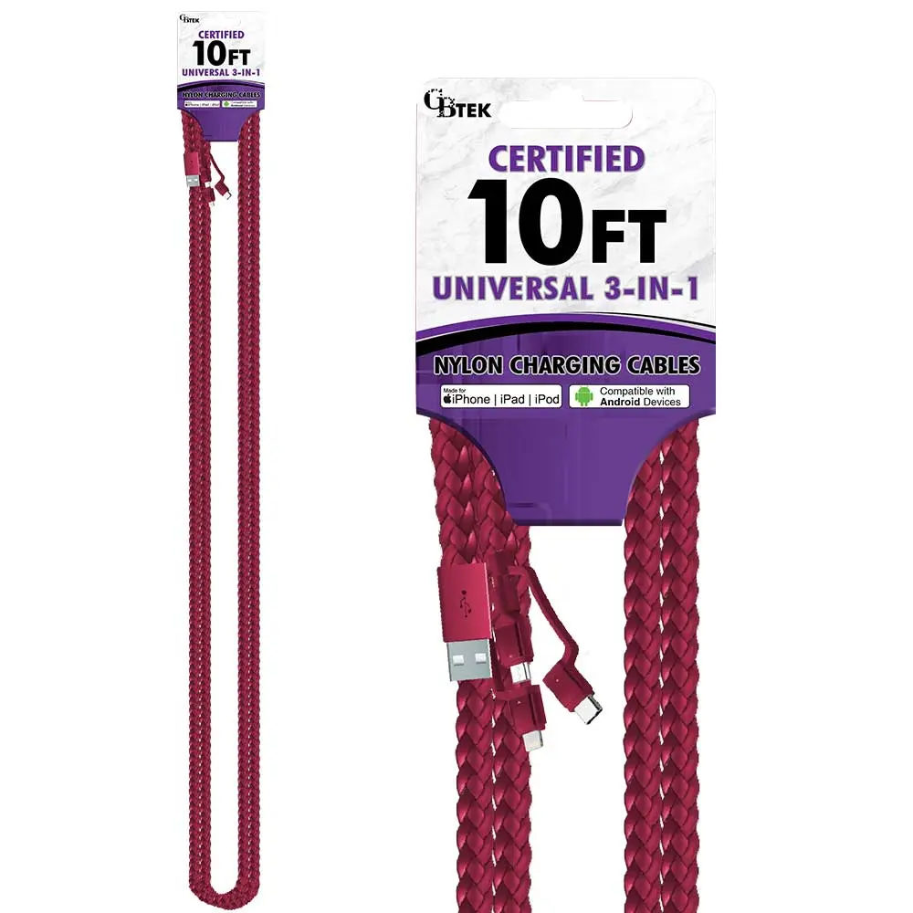 CBTEK 3-in-1 Universal (Lightning, Type-C & Micro) to USB Charging Cable – 10 ft