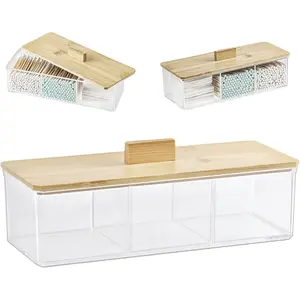 Clear Bathroom Dresser Organizer - Cotton Ball Swab Holder with 3 Divided Compartments&Lid, Waterproof Transparent Small Plastic Storage Containers, Vanity Makeup Organization