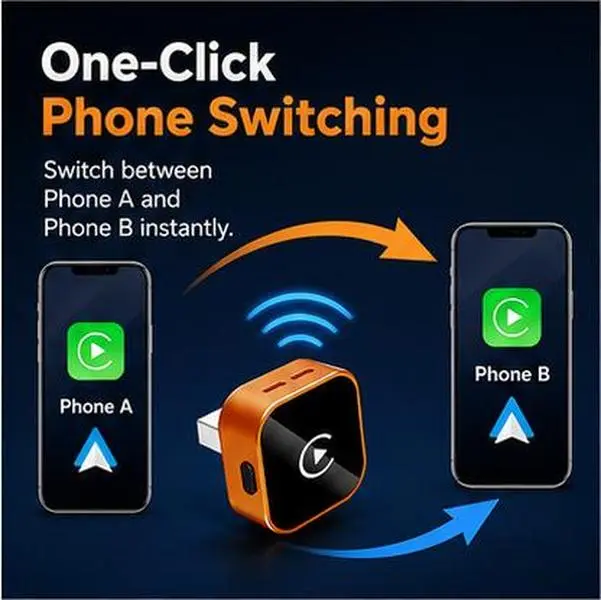 2026 Enhanced Wireless CarPlay Adapter for iPhone - USB-A & Type-C Compatible, Wired to Wireless Upgrade, 1-Click 2-Phone Switch, Quick Auto Connection