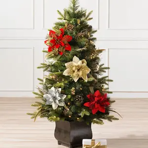 30 sets of gold and pink Christmas flower heads for Christmas tree decoration and embellishment, with clips and stems - red and gold floral arrangements, suitable for garlands, wreaths and holiday decorations, ideal for Christmas, New Year and wedding par