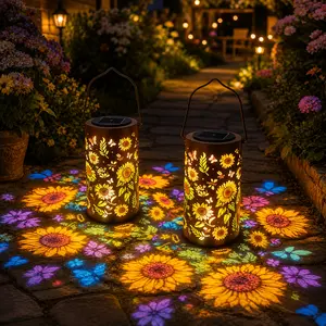 Upgraded solar sunflower light, 1/2 pack; IP65 waterproof faucet light; hanging garden light with butterfly projection; automatic on/off outdoor solar decoration for courtyard porches and backyards; a gift for mom and grandma.