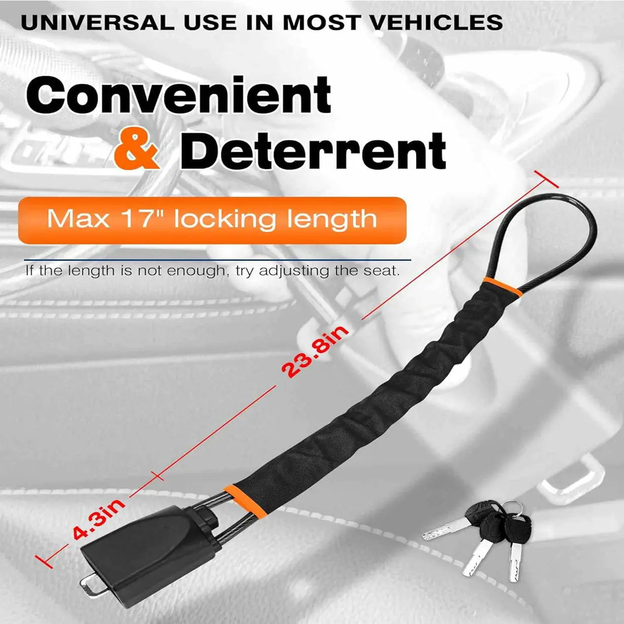 Car steering wheel lock, lightweight and secure lock with reinforced steel cable, easy to store, a universal anti-theft device suitable for sedans, SUVs, and golf carts, comes with 3 keys (black)