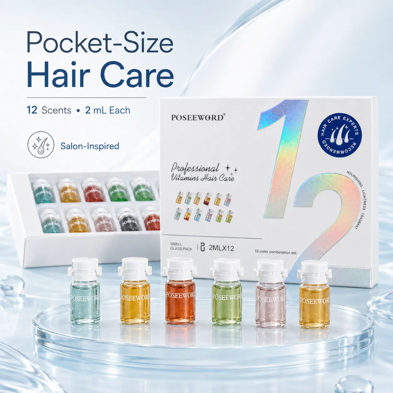 POSEEWORD Women's 12-Scent Hair Perfume Oil Set, 12x2mL Mini Nourishing Serums, Lightweight Treatment for Silky Smooth & Shiny Locks, Portable Travel Gift Set for Daily Beauty Routine
