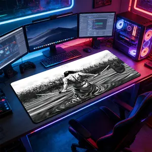 Monochrome Ink Wash Samurai Large Extended Gaming Mouse Pad, Extended Mousepad, Non-Slip Rubber Base Stitched Lock Edge Desk Mat, Martial Arts Design Desk Pad, Durable Computer Accessory for Home Office & Gaming Setup, Gift for Gamer & Samurai Fans
