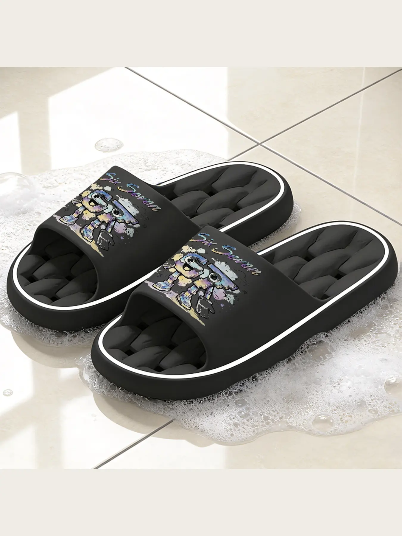 Six Seven Fun Robot Graphic Cloud Star Print Slip On Slippers Casual Non-Slip House Slides Comfortable Lightweight Open Toe Indoor Outdoor Lounge Slippers Fashion Cool Street Style Footwear For Men Women Teens Soft Cushioned Sole