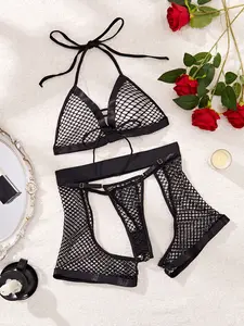 3-Piece Mesh Halter Tie-Back Lingerie Set, Bold Cut-Out Design, Soft Breathable Fabric, Adjustable Straps, Perfect for Couples