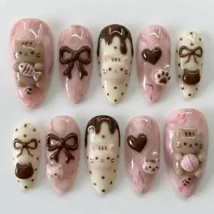 Cute Kawaii Cat Pink Marble & Choco Press On Nails, Sweet Coquette 3D Sculpted Bows, Paw Prints, Japanese Y2K Fairycore Custom Nails Set