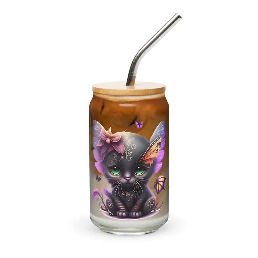 Butterfly Kitty, Black Cat, Can Shaped drinking Glass