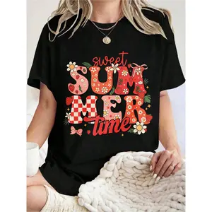 Sweet Summer Time T Shirt, Floral And Checkered Pattern Shirt For Casual Wear,100% Cotton,Short Sleeve Round Neck Casual Top,Size S-5XL,Trendy Design,Fashionable Women Spring/Summer Top