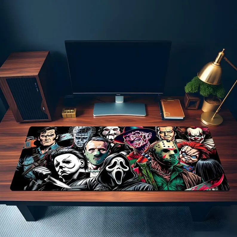 Classic Horror Villains Desk Mat, Halloween Movie Killer Character Mouse Pad, Extended Gaming Desk Pad