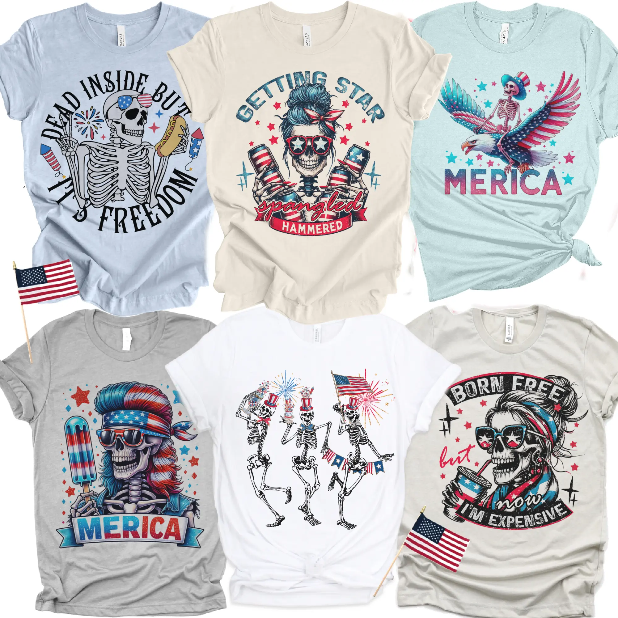 Vintage USA Skull Graphic Tee Retro America Redneck 4th of July Skull Tshirts Merica Skull Patriotic Tees Born Free Skeleton Rocker Tops USA Merica Skeleton T-Shirts Mullet USA Skull Tee Holiday Independence  Tees
