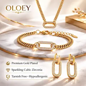 OLOEY Elegant 18K Gold Plated Crystal Link Set - Necklace Bracelet Earrings Three-Piece Fashion Jewelry with Sparkling Cubic Zirconia