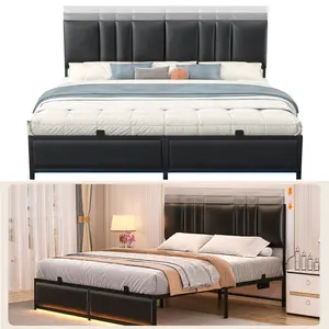 Bed Frame with Adjustable Upholstered Leather Headboard, King/Queen/Full/Twin Size Platform Bed with LED Light & Charging Station,Stable Metal Frame Support, No Box Spring Needed, Noise Free,Black