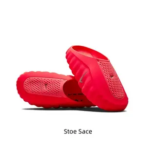 Vibrant Red Thick-Soled Mule Slides, Orange Cushioning Massage Outsole, Perforated Upper, Pre-Game Recovery Tech Slides