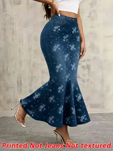 Women's Printed Pants, Non-Denim Blue Midi Skirt, Elastic Waist, Fish Tail Design, Comfortable and Stylish, Perfect for Daily Wear
