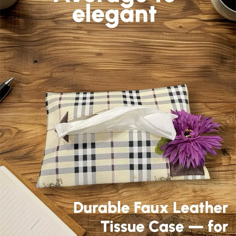 Durable Faux Leather Classy Facial Tissue Pouch Case for Auto Home Velcro Closure in Back with Flower Accent and Hand-Crafted Vinyl Elegant Design