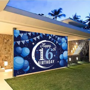 1 piece of blue 16th birthday party banner - polyester background with balloons and stars, "Happy Birthday 16" text and decorative flags, photo props for home, room, and wall decoration, perfect choice for party supplies and gifts, celebration supplies |