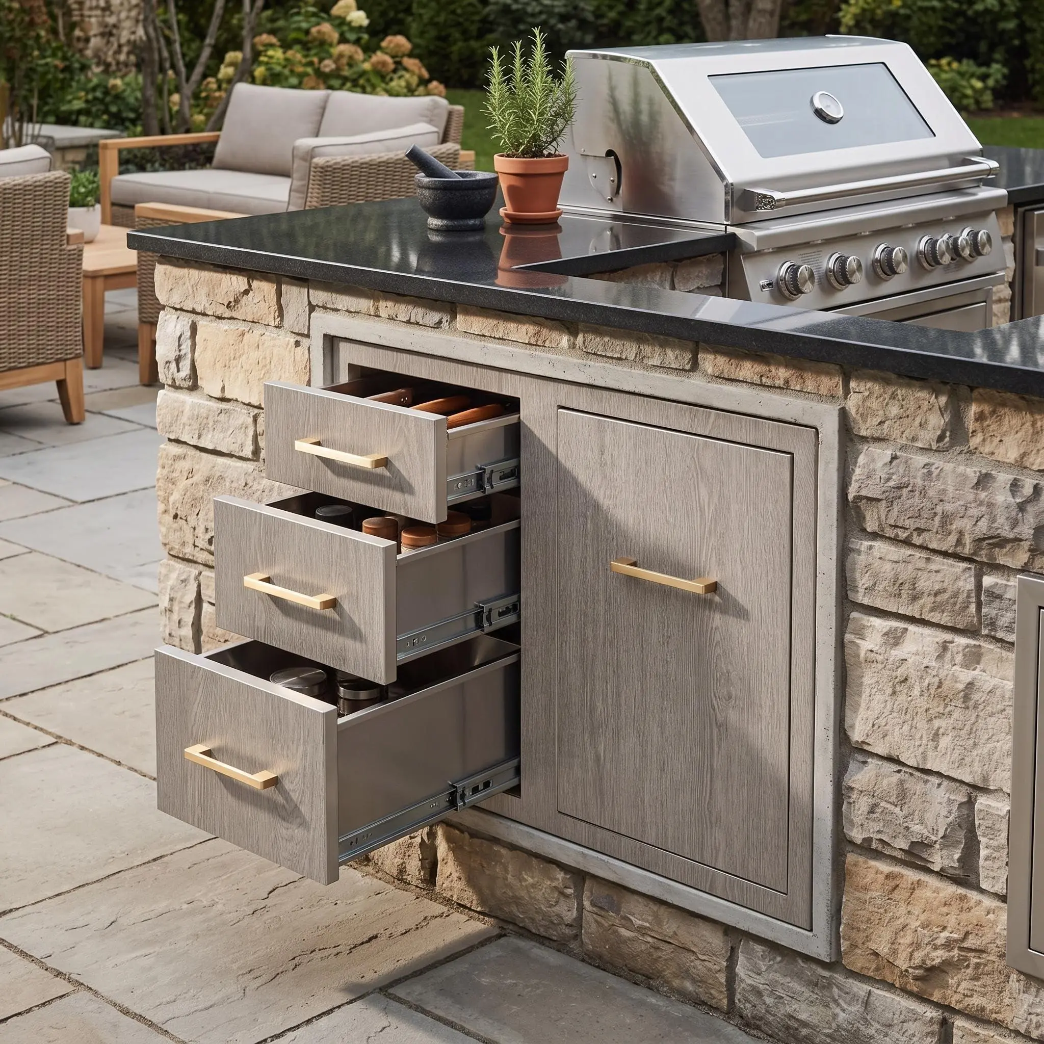 Outdoor Kitchen Drawer Cabinet Half Drawer Flush Mount | Multi Compartment | Stainless Steel | Weather Resistant | Full Extension | Easy Install
