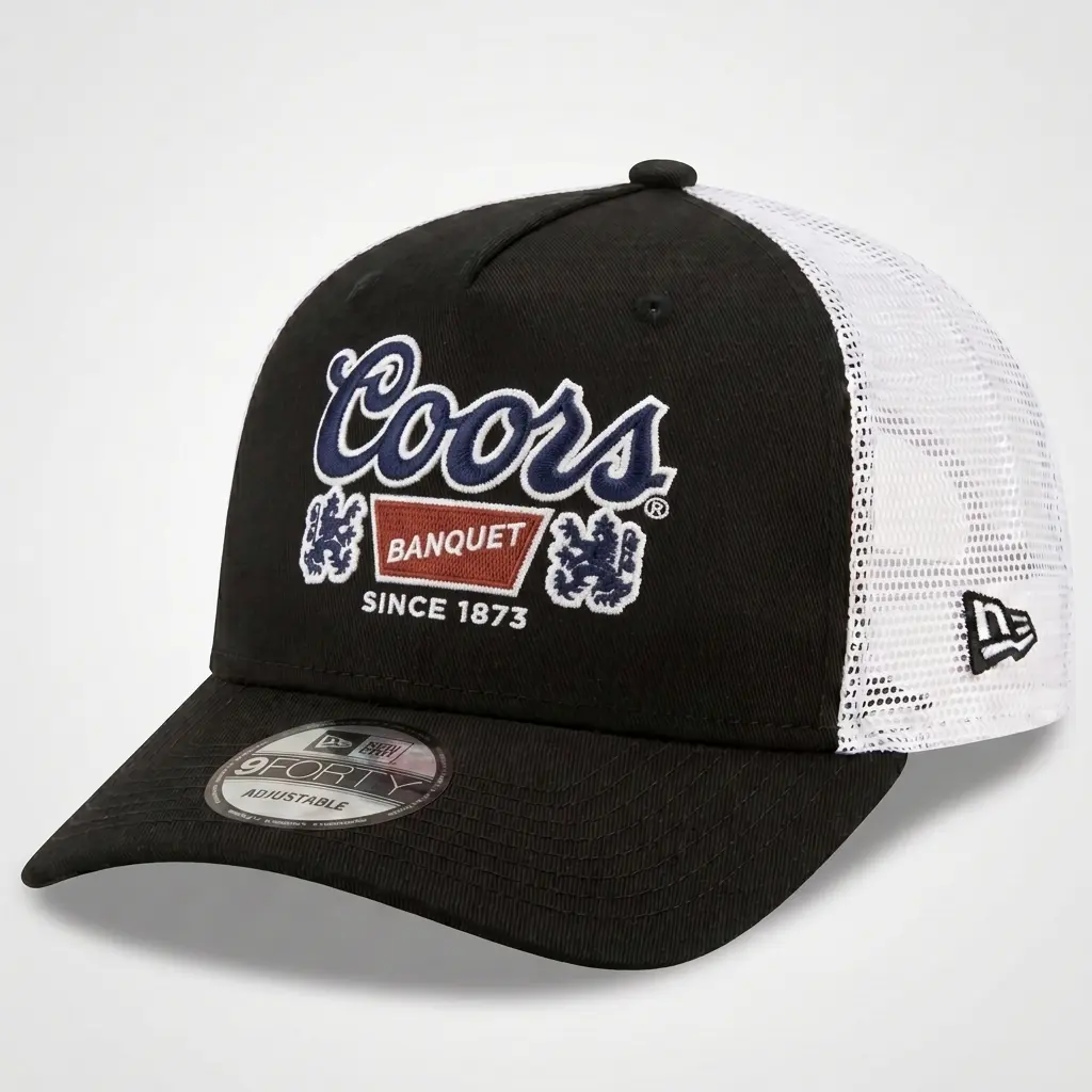 Coors Banquet Embroidered Trucker Hat, Classic Beer Logo Mesh Snapback Cap, Black White Casual Baseball Hat, Vintage Brewing Style Party Accessory, Unique Gift for Men Dad Husband Boyfriend Beer Lovers