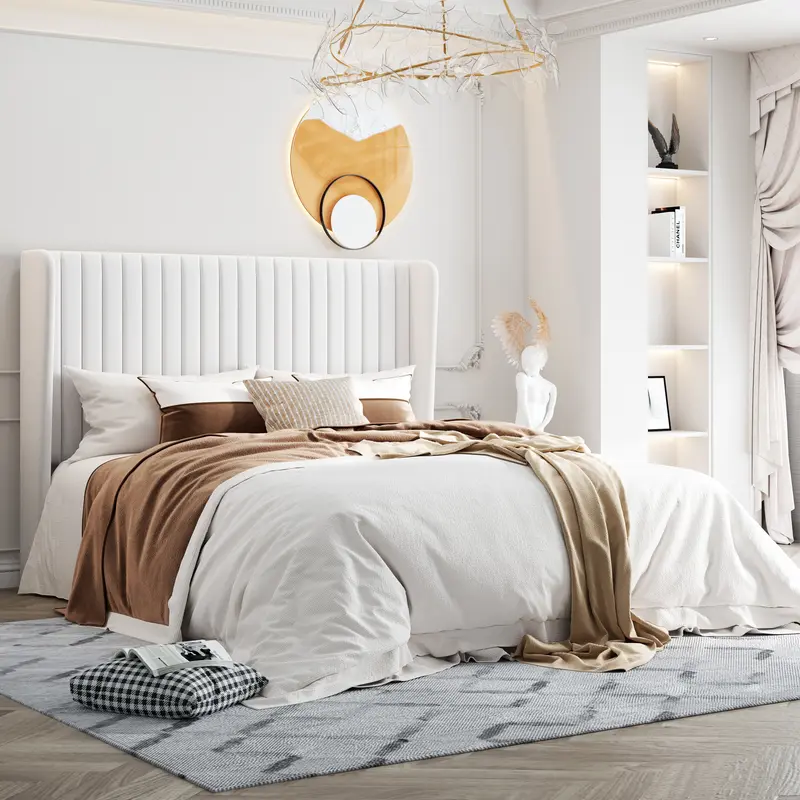 HOOMIC Modern Velvet Upholstered Bed Frame - 【Frame Only No Mattress】Vertical Channel Tufted Wingback Headboard with Wooden Slat Platform,