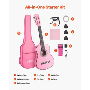 VEVOR Classical Guitar, 30 Inch, Wood Classical Guitar Starter Kit for Beginners, with Nylon Strings, Gig Bag, Strap, Tuner, Extra Strings, Picks, Capo, Basswood, for Kids Girls Boys Students, Pink