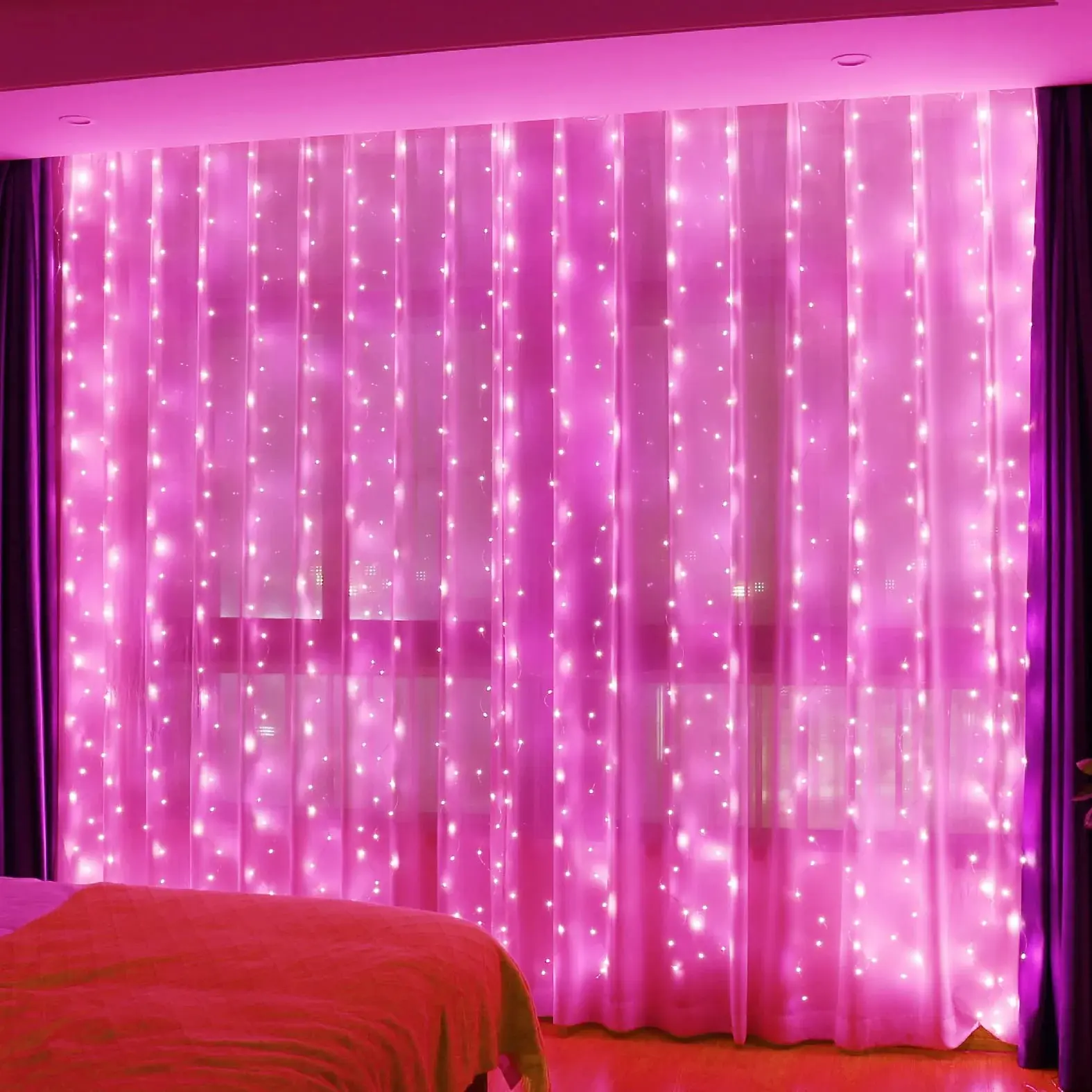 9.8x9.8Ft Color Changing Curtain Lights, 300 LED USB Fairy Lights with Remote & Timer, Warm White Purple Pink Twinkle Lights for Cozy Bedroom, Dorm Room, Party & Wall Decor