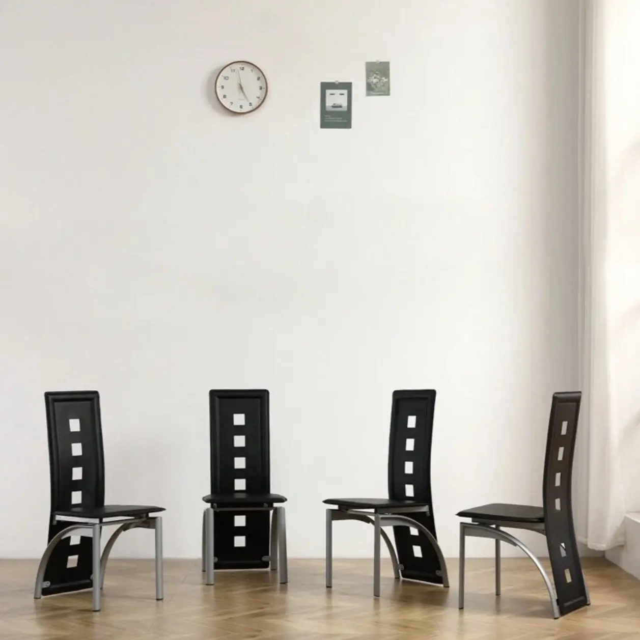 4pcs Modern PU Leather Upholstered Dining Chairs - Black Cushion, Long Backrest, Square Hollow Design, Round Tube Electroplating Legs, Body-Friendly, Burden-Reducing, Comfy Indoor Furniture, Black Dining Chairs, Modern Dining Chairs