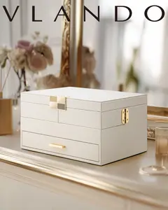 Vlando Classic Square PU Leather 3-Layer Lockable Jewelry Box - Women's Durable Storage Organizer with Retractable Tray, Drawer for Necklaces, Rings, Bracelets, Earrings - Waterproof Gift for Women