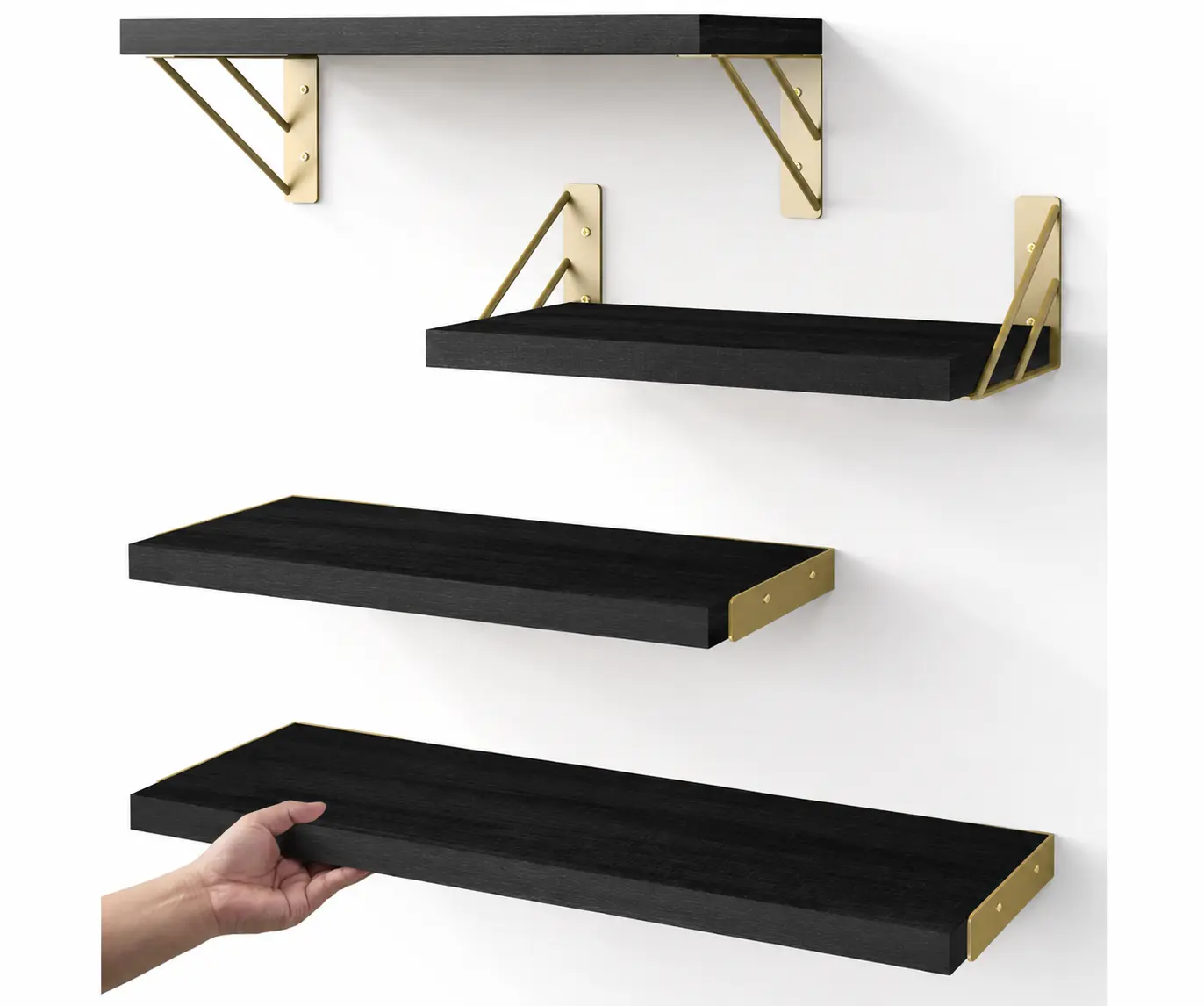 Set of 4, Floating Shelves for wall Decor, Wall Shelves for Storage, Wall Mounted Rustic Wood Floating Shelf (Black and Gold)