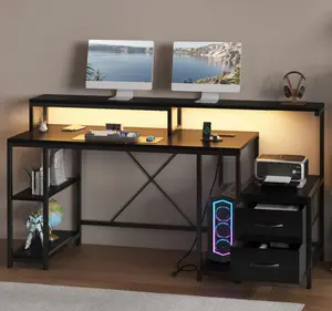 【GARVEE】Home Office Desk with LED Light & Power Outlets, 63 inch Computer Desk with Monitor Stand and Printer Space, Gaming Desk with Drawers and Storage Shelves for Study Writing Working, Black