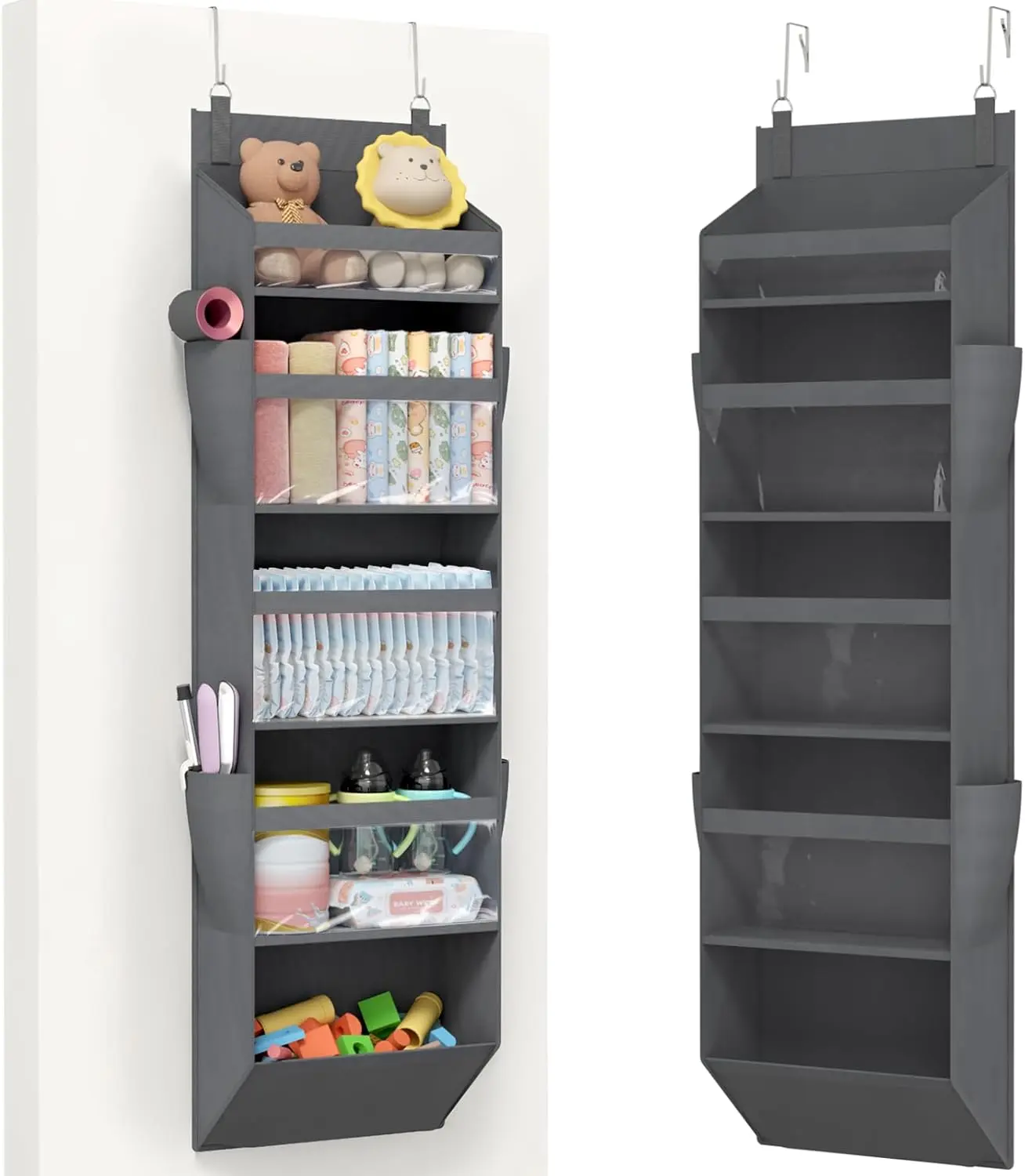 1 Pack Over the Door Organizer, 5 Section Clear Window Hanging Storage with 4 Side Pockets, Sturdy Anti Tilt 40 lbs Load Behind Door