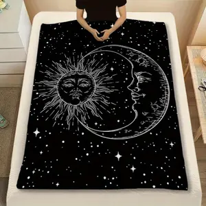 Sun Moon Design Flannel Bed Blanket, Soft, Lightweight, Cozy Throw for Bedroom, Office, Sofa, Camping, All-Season Gift