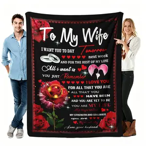 Flannel Throw Blanket with Romantic To My Wife Love Letter Design, 280GSM Ultra Soft Cozy Warm Comfortable Lightweight Portable for Bedroom Couch, Heartfelt Gift for Wife from Husband on Anniversary Valentine's Day cosy garage guy Cartoon Themed Small