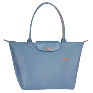 Longchamp Le Pliage Club 28 Snap Zipper Closure Long Handle Fabric Tote Shoulder Bag Small Women Blue