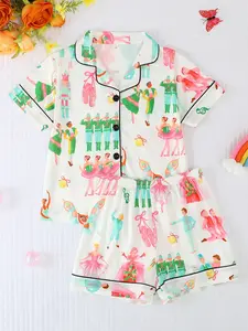 Girls' Fitted Short Sleeve Sleepwear Set, Button-Front Design & Animal Pattern, All-Season Wearable Comfort, Ideal for Daily Use Pajamas, Pajama Sets