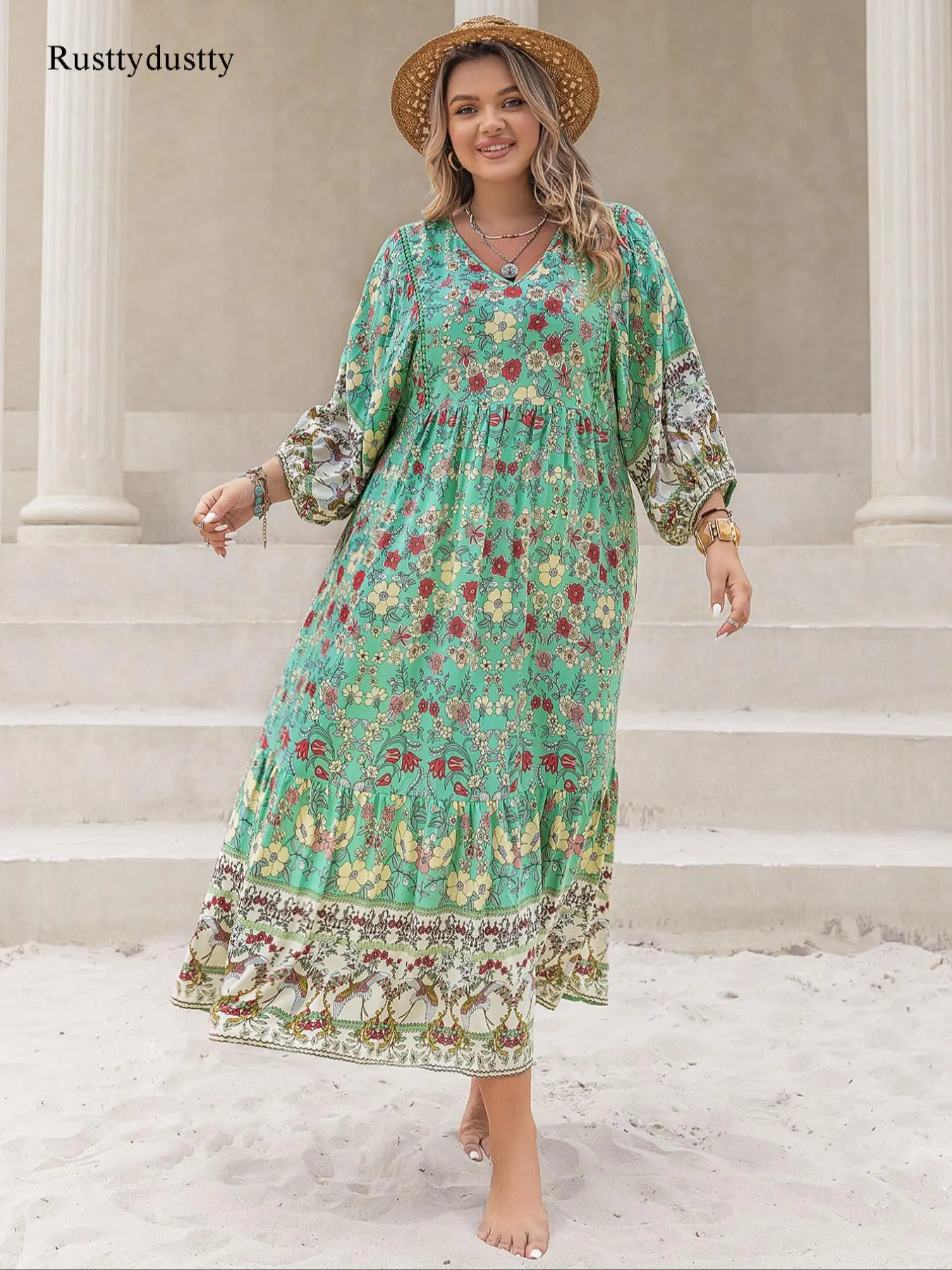 Plus Size Ethnic Pattern Bishop Sleeve Casual Dress, Boho Bohemian Long Sleeve V Neck Dress for Summer, Women's Plus Clothing for Beach Holiday Vacation, Boho Style Dresses