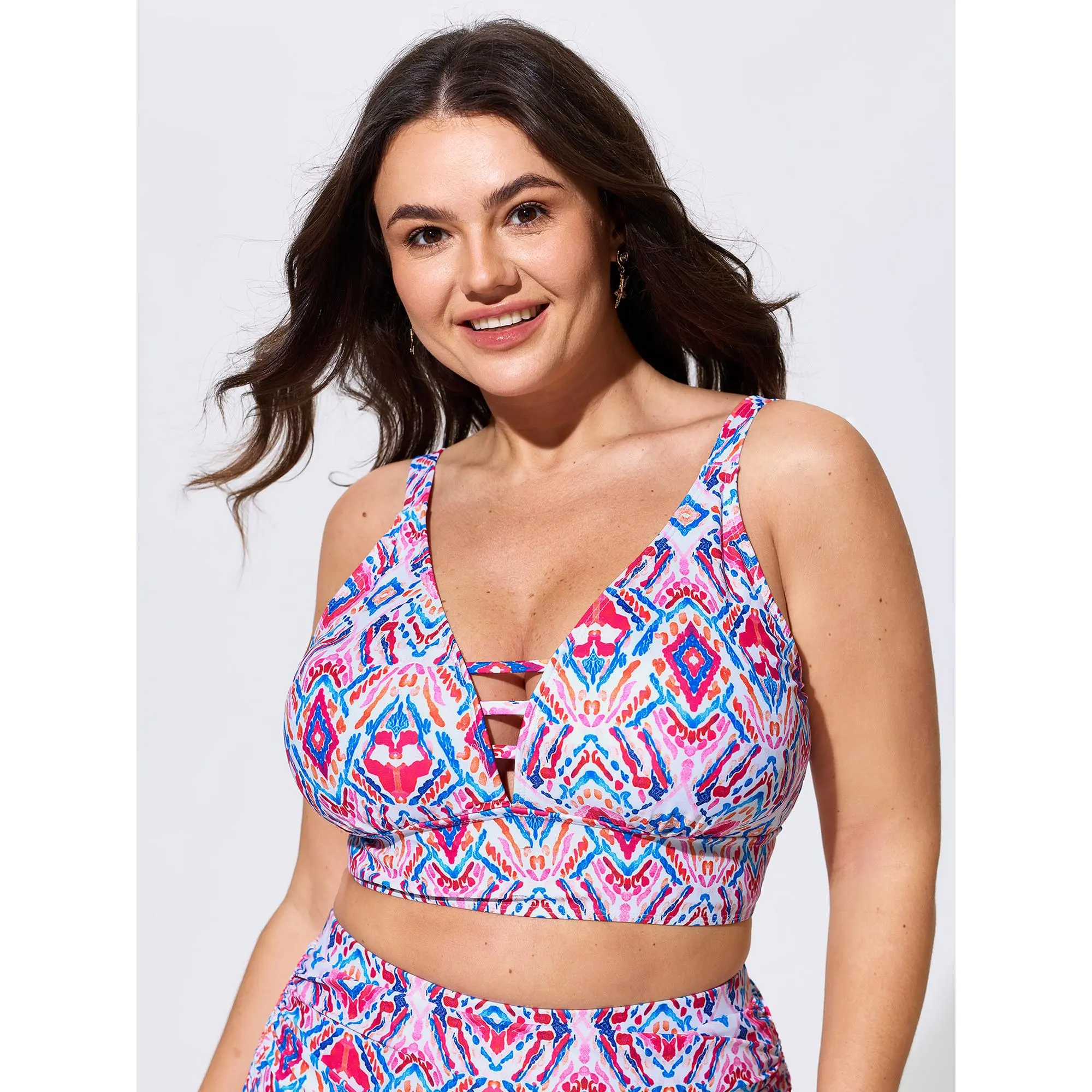BloomChic Plus Size Geometric Print Cut-Out Tankini Top,Chlorine Resistant Swimwear with Adjustable Straps,Alternative Cut-Out Women's Tankinis Top,Color Block Geometric Print Women's Tankinis Top,Summerfinds