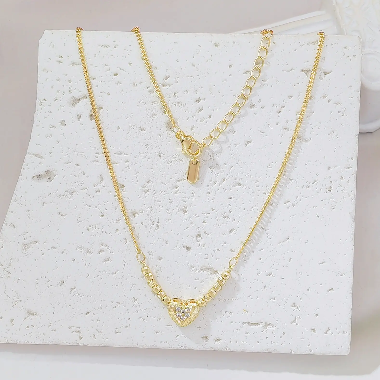 Adjustable Gold Heart Necklace, Dainty CZ Paved Heart Pendant Necklace, 14K Gold Plated Beaded Box Chain Necklace, Everyday Minimalist Jewelry for Women