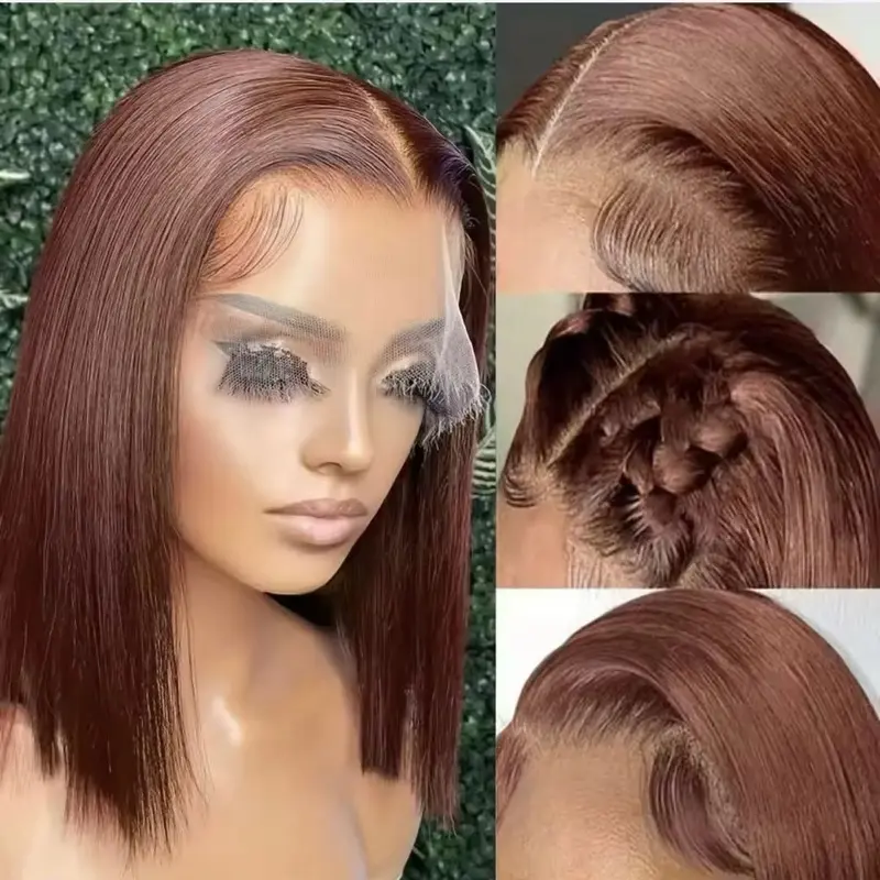 14 Inch Chocolate Brown Bob Wig Human Hair 13x6 Lace Front 200% Density Deep 4# Chocolate Brown Short Bob Wig 13X4 Lace Frontal Wig Human  main image 4