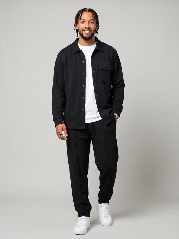KZZ Men's 2-Piece All Seasons Light Business Casual Set - Collared Mock Neck Longsleeve Top, Plain Below-the-Ankle Trouser with Front Pocket, Ideal for Commuting, Daily Outings (Do Not Wash)