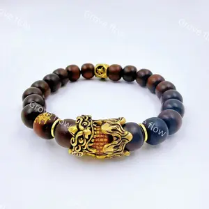Lightning-Struck Wood Auspicious Beast Golden Light Mantra Bracelet - Thunder Energy, Fortune Boost, Golden Light Protection, Wealth Lock Black Onyx