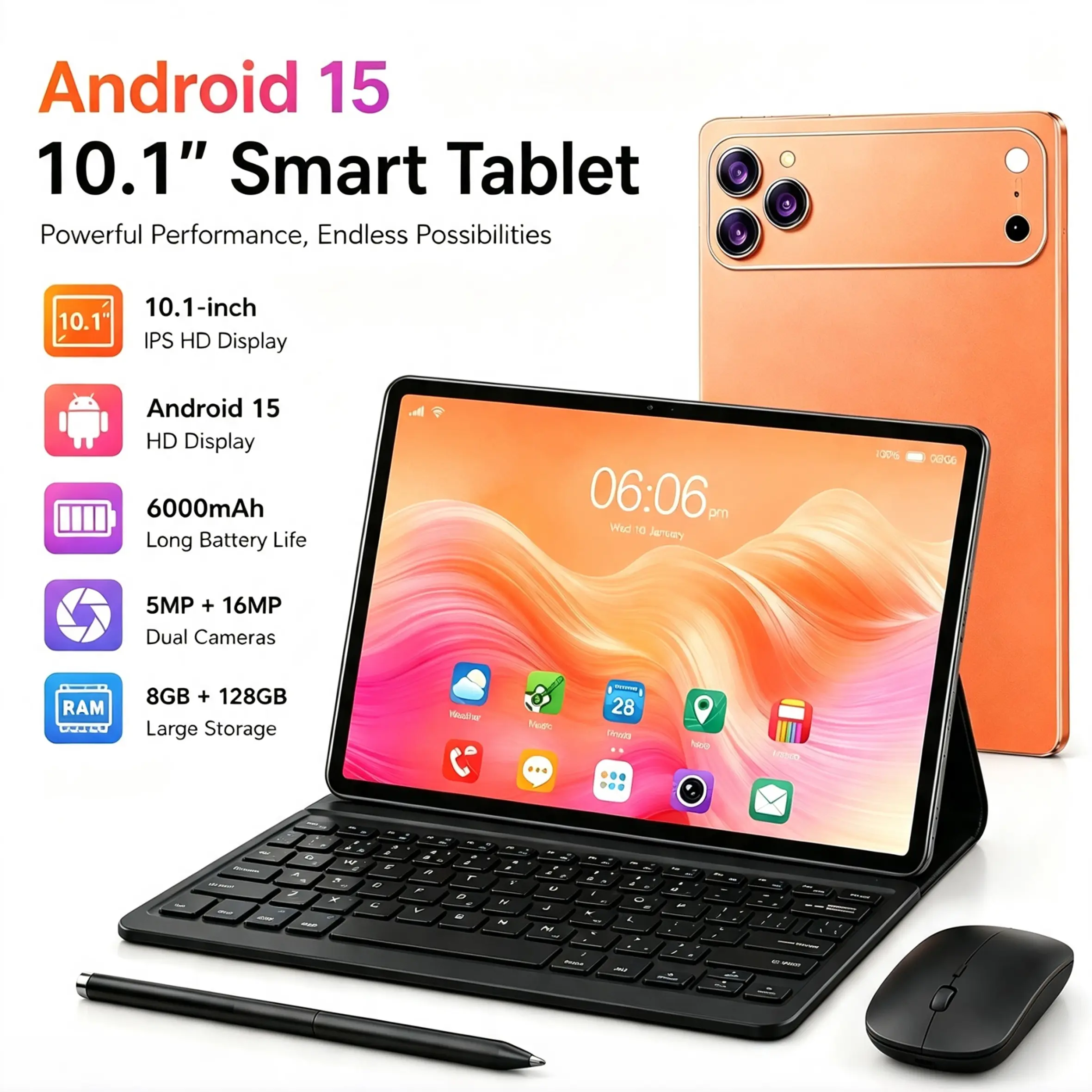 10.1-inch Android 15 Tablet, 8GB RAM, 128GB Storage, 6000mAh Battery, 2.4G-5G Wi-Fi, 5MP+16MP Dual Cameras, 1280×800 Full HD IPS LCD Screen, USB, Bluetooth, Ideal for Work & Entertainment, Great Birthday Gift