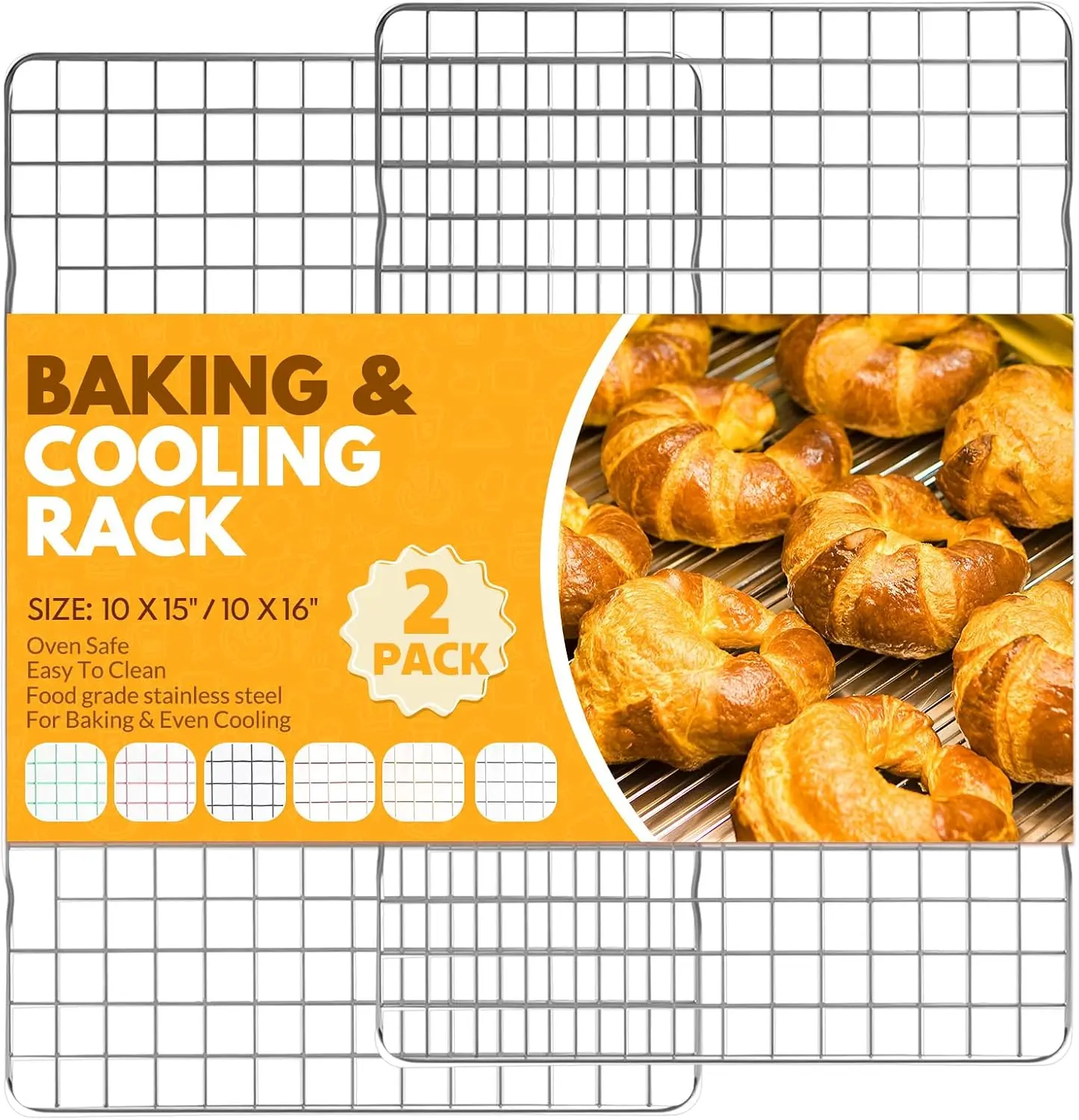2 PCS Stainless Steel Cooling Racks (15x10 Inches) - Oven-Safe Kitchen Bakeware for Cooking, Baking, Bacon; Fits Jelly Roll Sheet Pan with Wire Rack Compatibility