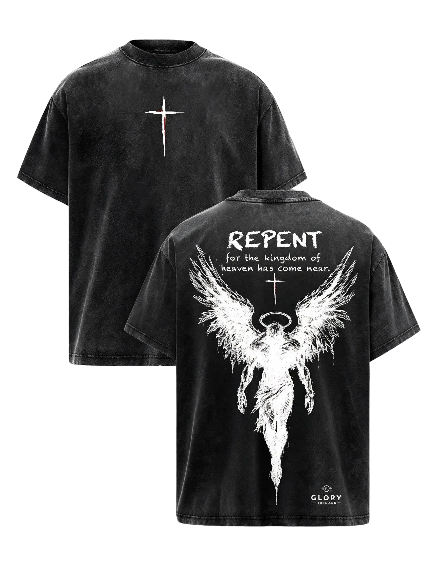 [BT] Vintage Washed Black Repent Angel Cross Oversized T Shirt, Christian Bible Verse Winged Angel Graphic Short Sleeve Tee Distressed Grunge Religious Streetwear Top, sketchy angel graphic top,god faith streetwear men t-shirt