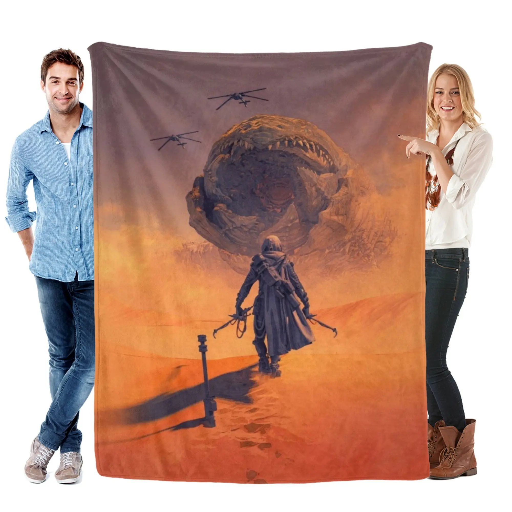Dune Sandworm Arrakis Sci-Fi Flannel Printed Soft Throws Blanket - Lightweight, Breathable Cozy, Amber Vintage Desert Scene, Blankets for Sofa, Home House Decor, Ideal Gift for Male Sci-Fi Fans (Christmas, Father's Day)