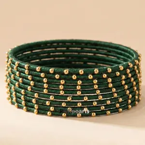 12 Pcs Silk Thread Bangles Dark Green Olive Yellow Gold Beaded Set