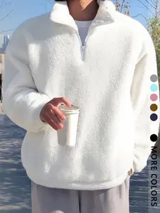 Unisex Plain Lamb Velvet Hoodie Jacket, Casual Stand Collar Long Sleeve Outerwear for Fall Winter, Perfect Gift for Friends & Family