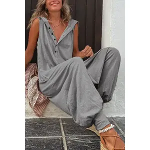 Women's Casual Sleeveless Hooded Jogger Set – Olive Green Maxi Shirt with Button Front & Elastic Cuffed Joggers, Cozy & Stylish Casual Attire